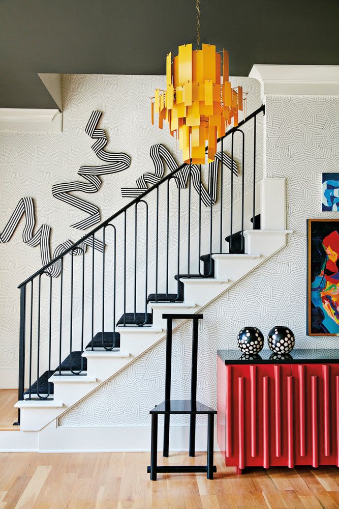 graphic staircase art // colorful entryway ideas
